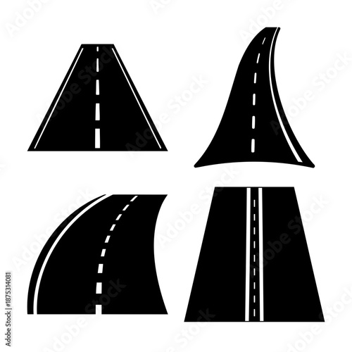Set of diverse road icons in black and white, illustrating various paths and routes