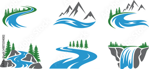 Nature landscape icon set with mountains rivers and pine trees, outdoor adventure vector flat illustration collection