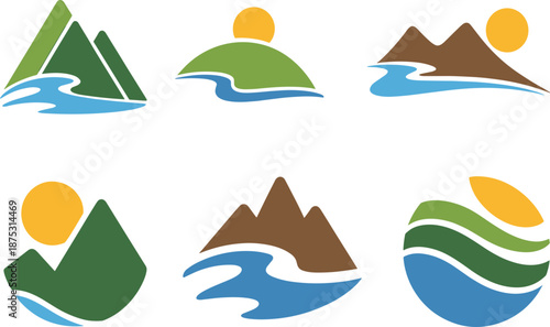 Nature mountain landscape icon set with sun and rivers, outdoor travel adventure vector flat illustration collection