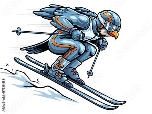 Illustration of a blue bird character skiing down a snowy slope with orange accents