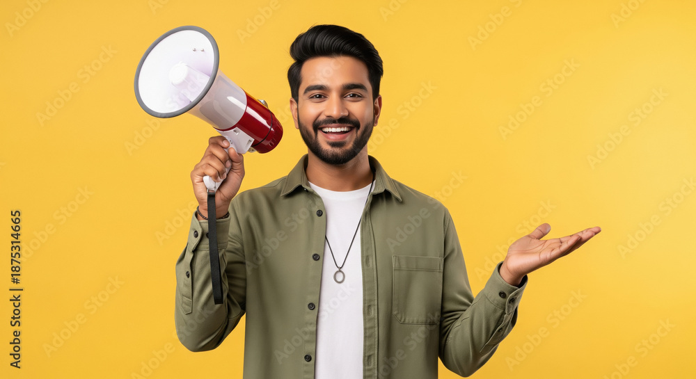 Fototapeta premium Young indian man using megaphone for announcement