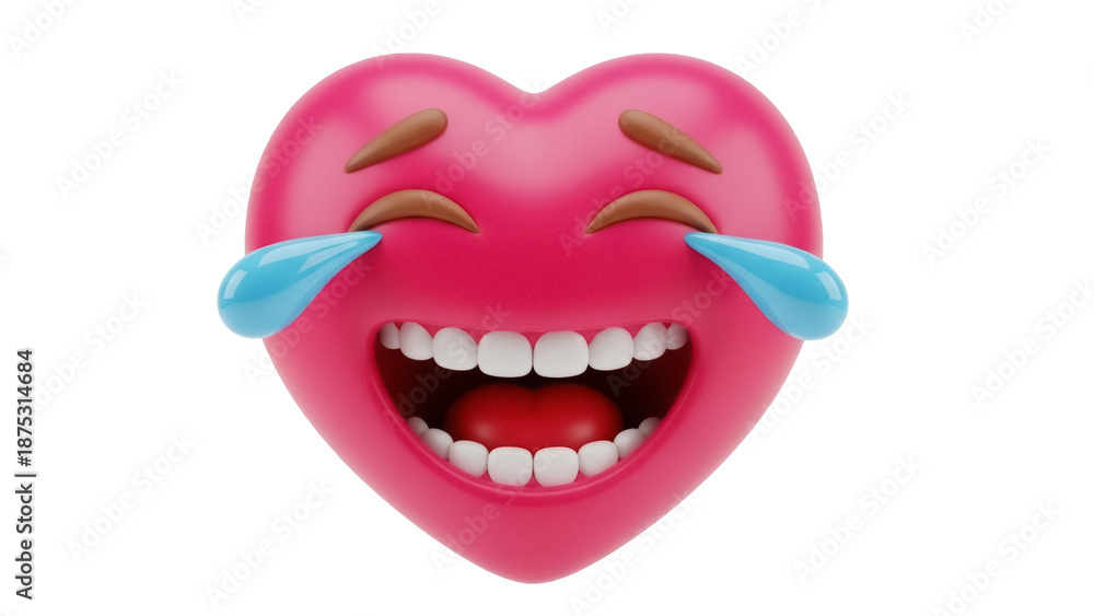 Naklejka premium Heart laughing emoji PNG isolated on transparent background, 3D rendering of a funny cartoon face with tears of joy, social media expression
