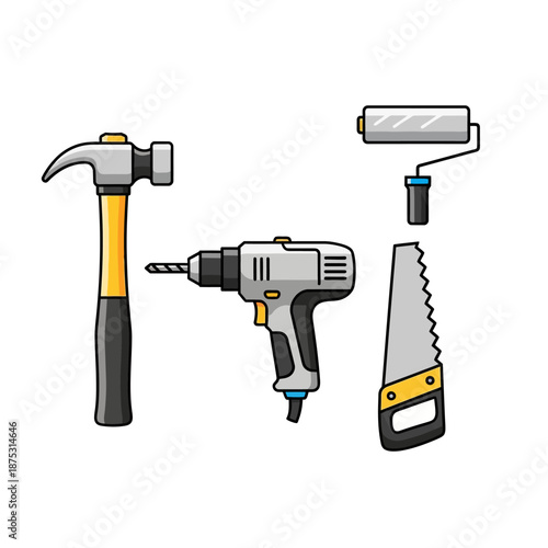 Set of Hand Tools: Hammer, Drill, Saw, Paint Roller - Isolated Vector Illustration