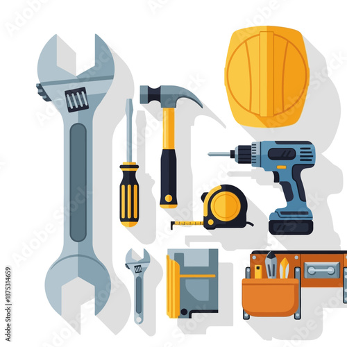 Construction Tools Flat Design: Wrench, Hammer, Drill, Hard Hat, Tape Measure, Screwdriver