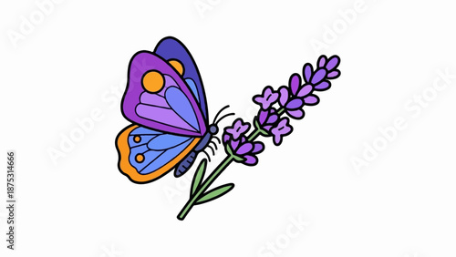 A vibrantly colored butterfly with purple, blue, and orange wings rests on a sprig of purple lavender