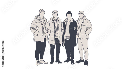 Minimalist line art illustration of four men in winter clothing, puffer jackets and beanies, isolated. isolated PNG with Transparent Background