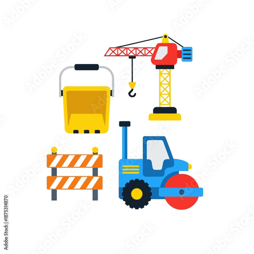 Construction Site Elements: Crane, Roller, Bucket, Barrier - Flat Design Icons