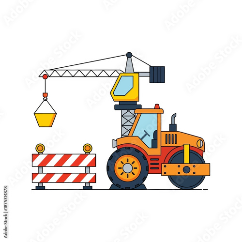 Cartoon construction site with steamroller, tower crane, and barrier