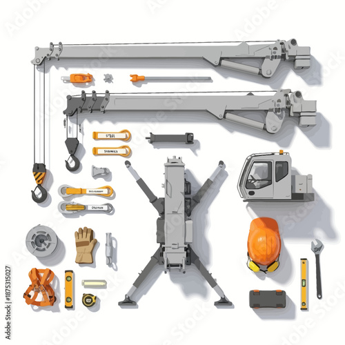 Construction Crane Parts and Safety Gear Flat Lay Top View