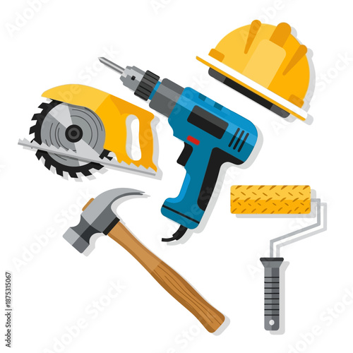 Construction Tools Set: Drill, Saw, Hammer, Paint Roller, Hard Hat - Flat Design