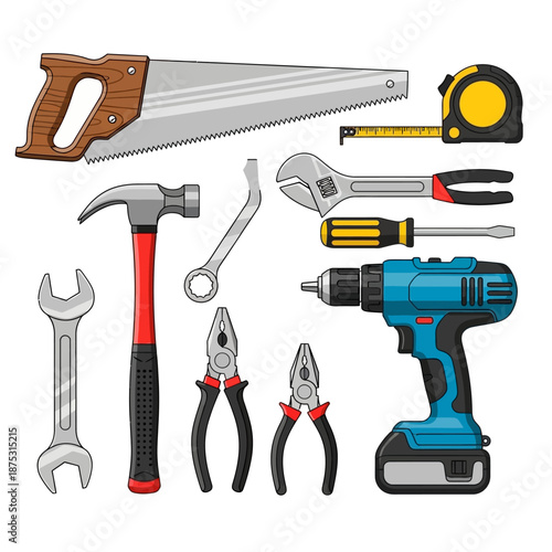 Collection of Hand Tools and Power Drill, DIY Home Improvement and Construction