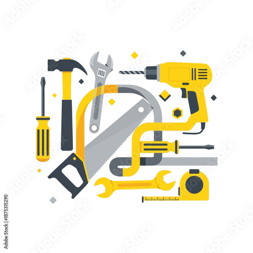 DIY tools arrangement: hammer, drill, saw, wrench, screwdriver, tape measure on white background