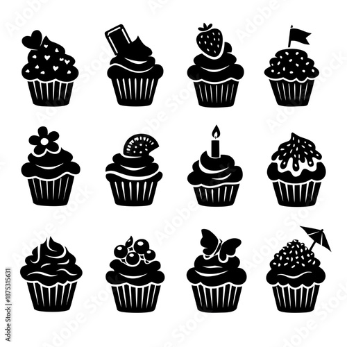 A collection of cupcakes with various toppings and decorations. The cupcakes are all black and white, and they are arranged in a row. The cupcakes have different designs, such as flowers, butterflies