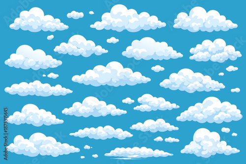A blue sky with many clouds. The clouds are white and fluffy. The sky is clear and bright