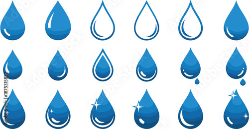 Water Drop Icon Set Illustration with Blue Liquid Droplets Collection