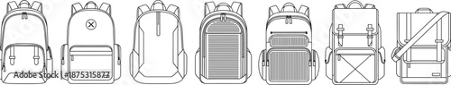 Backpack illustration vector set featuring various modern bag designs with pockets, straps, and compartments in clean outline style