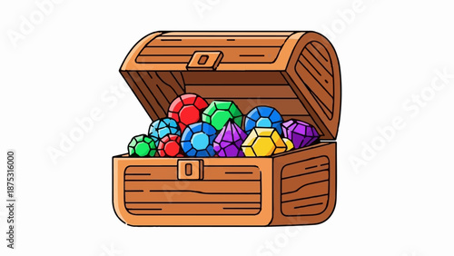 A wooden chest overflows with sparkling, colorful gemstones