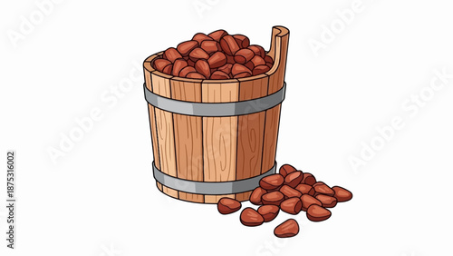 A wooden bucket overflowing with nuts, with more nuts scattered around its base
