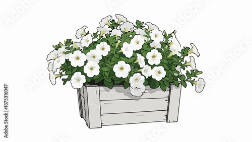 A wooden planter overflows with white petunia blooms, showcasing vibrant greenery