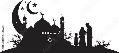 Muslim Family Silhouette Walking Towards Mosque with Crescent Moon and Stars Vector isolated PNG with Transparent Background