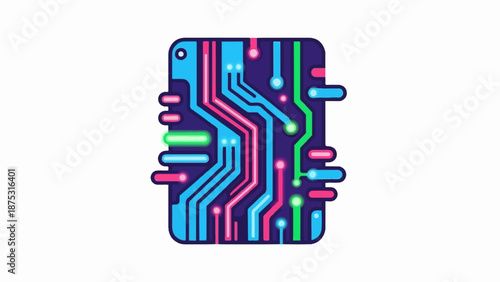 Abstract digital circuit board with glowing neon lines and connections