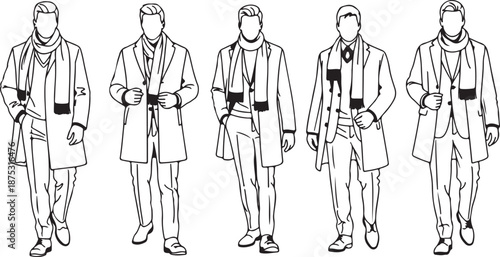 Collection of stylish men wearing long coats and scarves, minimalist fashion vector illustration isolated PNG with Transparent Background