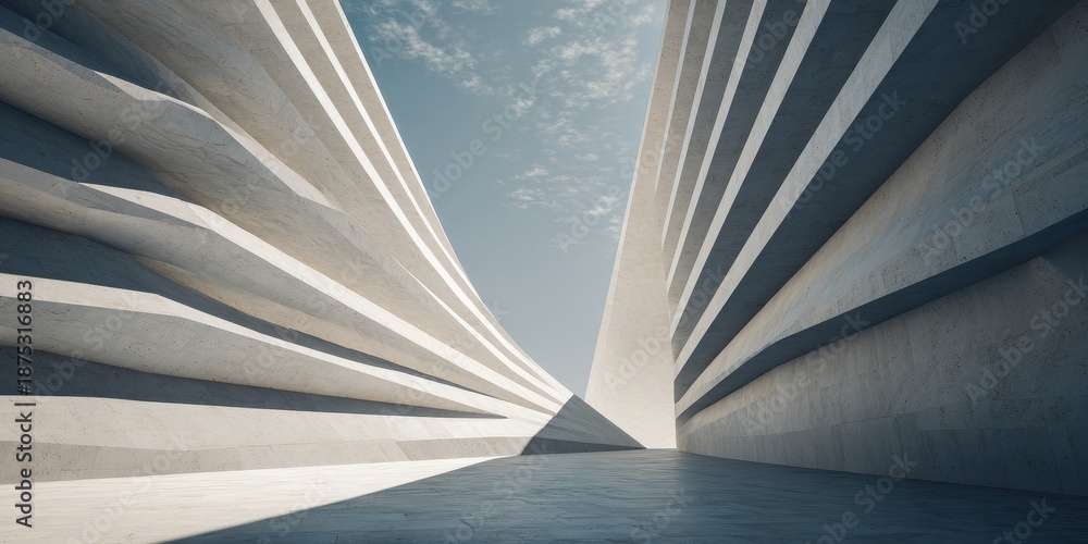 Fototapeta premium Striking Minimalist Concrete Architecture with Layered Geometric Forms under Sky