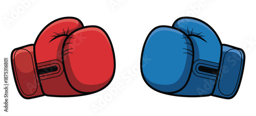 Two Boxing Gloves in Red and Blue Colors Colliding, Vector Graphic Symbolizing Boxing, Fighting Competition, Combat Sports, Athletic Training, Sports Events, Web Design, Apps, UI, and Digital Media 