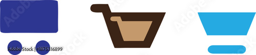 a blue rectangle on wheels a brown bucket and a blue trapezoid on a flat oval high quality professional detailed