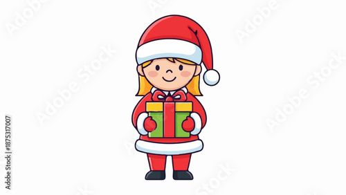 Adorable cartoon character dressed as Santa, holding a festive gift box