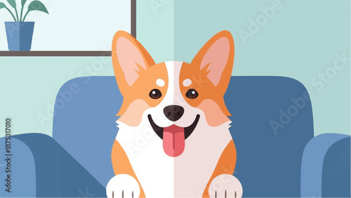 Adorable cartoon corgi dog sitting on a blue sofa indoors, with a potted plant visible