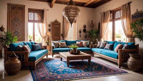 Elegant Living Room with Turquoise Sofas and Decorative Accents in a Luxurious Home.