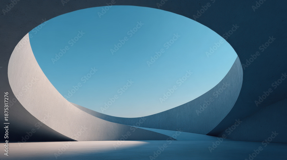 Fototapeta premium Abstract minimalist architecture with large circular opening to the blue sky.