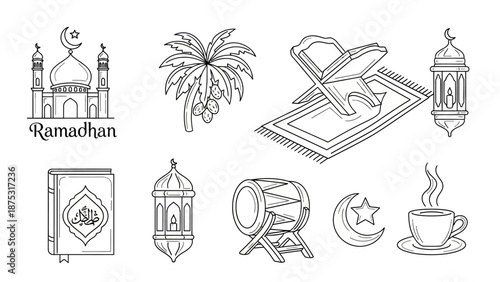 Ramadan Islamic Icons Collection Mosque, Palm Tree, Quran, Drum, Lantern, and Coffee Cup