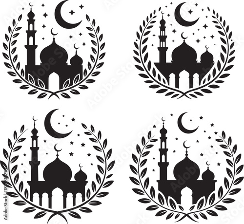 A black silhouette of a mosque with a crescent moon and stars