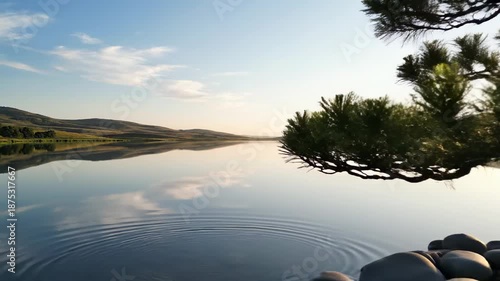 Tranquil bonsai tree on rocky island reflecting in still water daytime scene