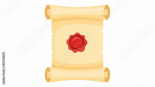 An old scroll with rolled edges and a red wax seal in the center