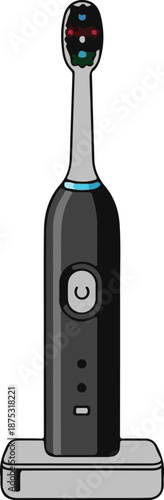 Black electric toothbrush on charging base with indicator lights