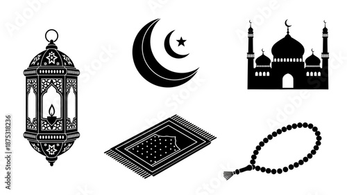 Islamic cultural symbols including a lantern, crescent moon and star, mosque, prayer mat, and prayer beads