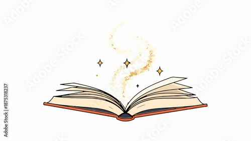 An open book emanates golden magical sparkles and swirling smoke