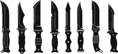 Knife silhouette vector set featuring various fixed-blade designs, handles, and edges for outdoor gear, tools, and equipment illustrations