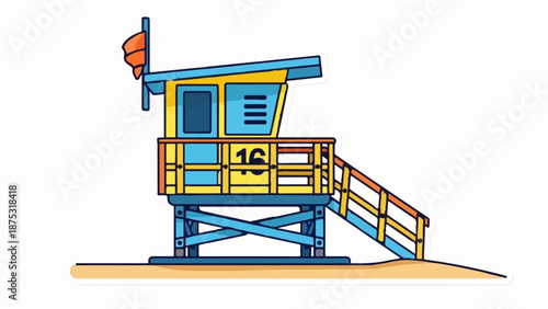 Brightly colored beach lifeguard tower with an orange flag and numerical designation