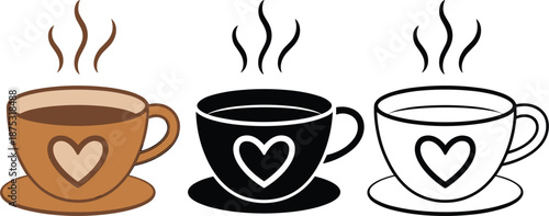 Steaming coffee cup set with heart design, hot cocoa and tea mug vector flat illustration collection