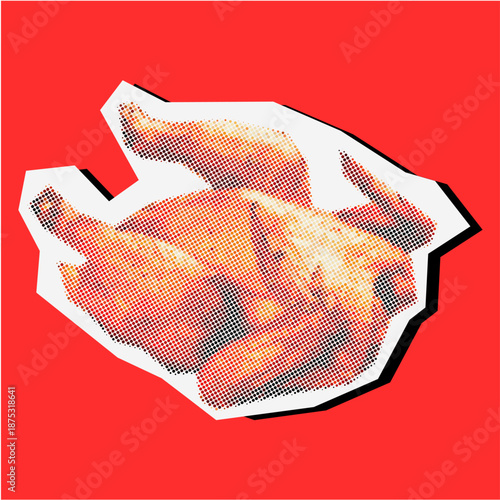 Roasted chicken halftone Dotted Collage Element Pointillize in Paper Torn vector for food art. Ideal for thanksgiving menus, restaurant ads, and retro dining designs.