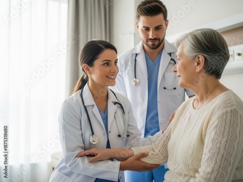 Doctor and nurse consulting with senior patient in hospital room