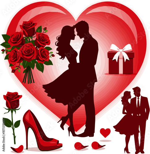 Create a kinds of deferent realistic happy valentines day sexy man and women romance others elements vector art with white background.