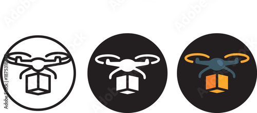 Delivery drone shipping icon set with package transport and air logistics technology concept
