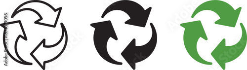 Universal recycle symbol with turning arrows in thin line black silhouette and green color version