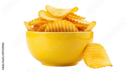 Photos Crispy rippled potato chips in yellow bowl isolated PNG, savory snack food on tr