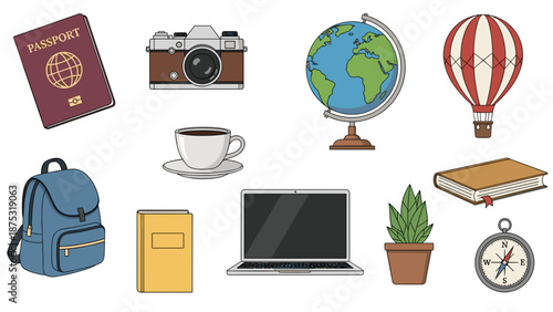 A colorful vector graphic illustration of various travel and office icons on a white background